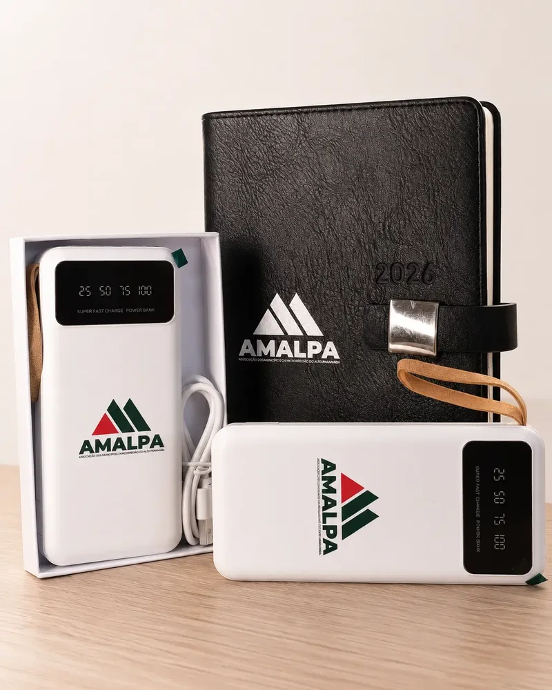Ecobag, garrafa, caderno e caneta personalizados