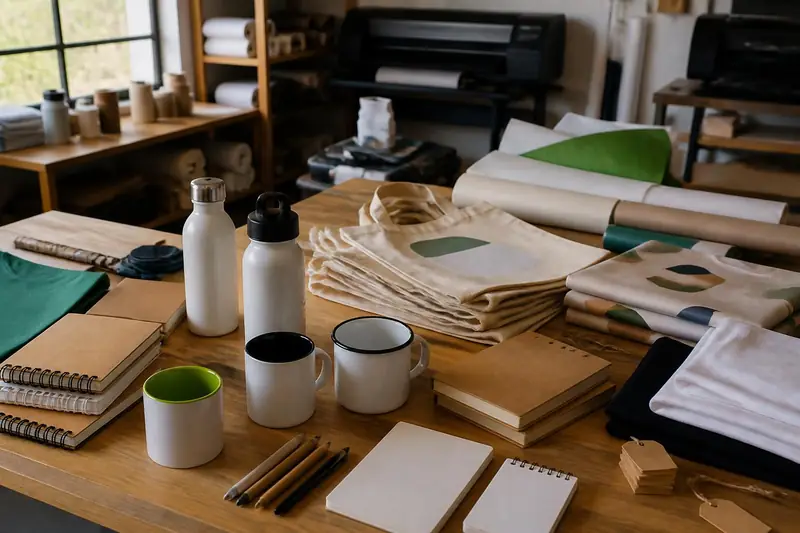 Bancada de gráfica com cadernos, ecobags, canecas, squeezes e papelaria corporativa em produção